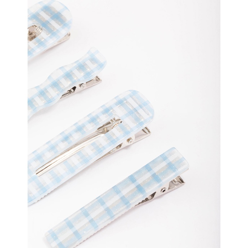 Blue Mixed Check Gingham Hair Clip 4-Pack