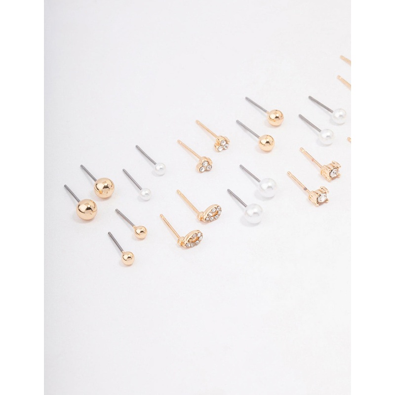 Gold Classic Pearl & Diamante Stud Earring 12-Pack