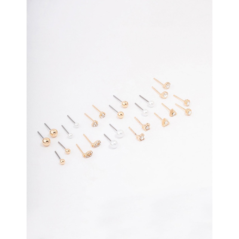 Gold Classic Pearl & Diamante Stud Earring 12-Pack