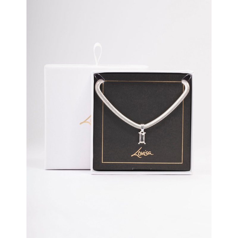 Silver Snake Chain Baguette Necklace