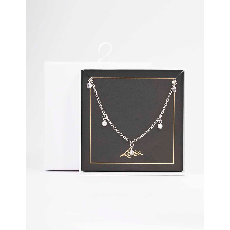 Silver Diamante & Pearl Drop Station Necklace