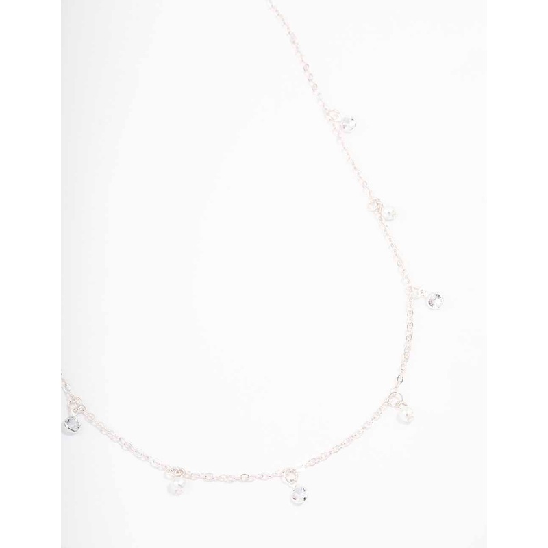 Silver Diamante & Pearl Drop Station Necklace