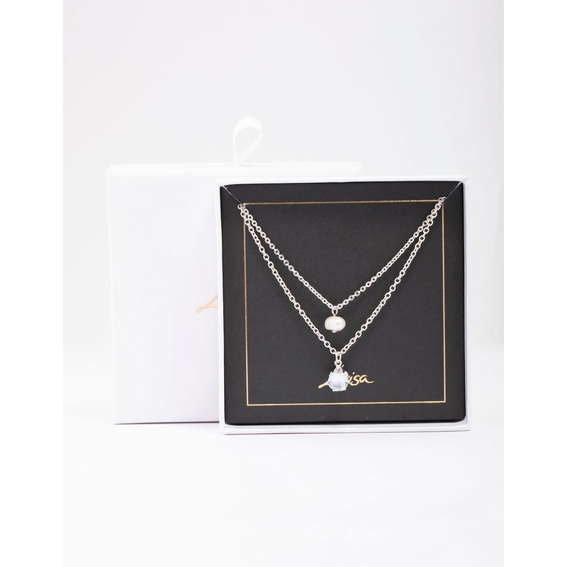 Silver Double Chain Pearl & Diamante Necklace