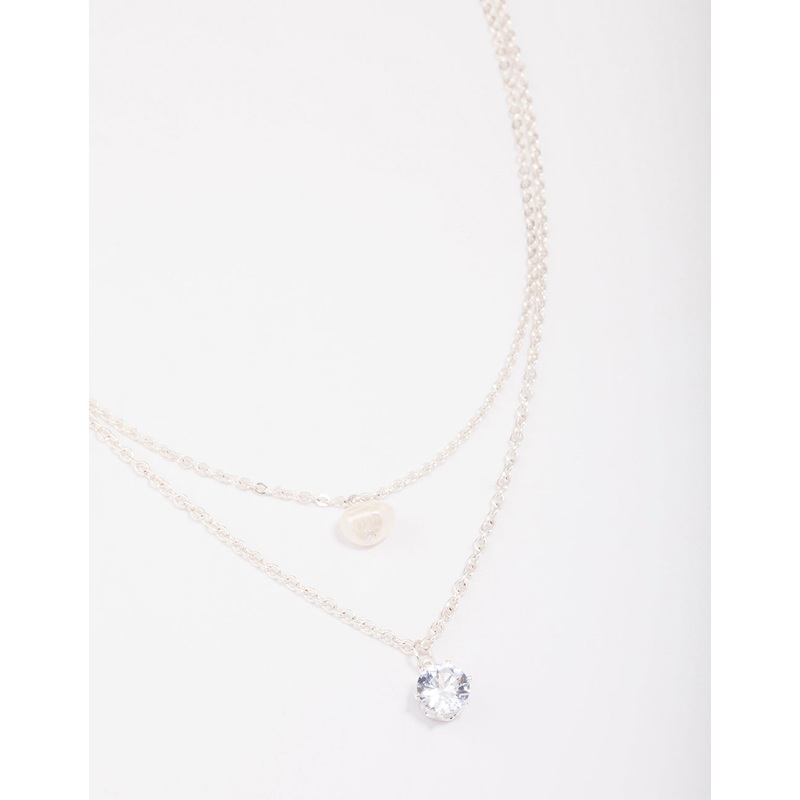 Silver Double Chain Pearl & Diamante Necklace