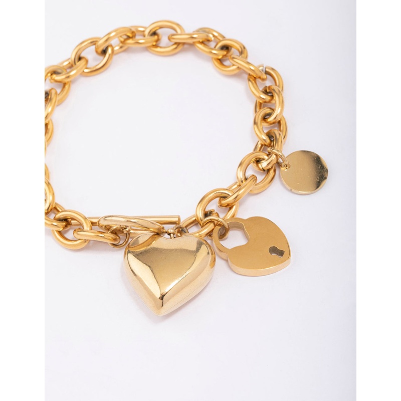 Waterproof Gold Plated Stainless Steel Puffy Heart Charm & Lock Bracelet