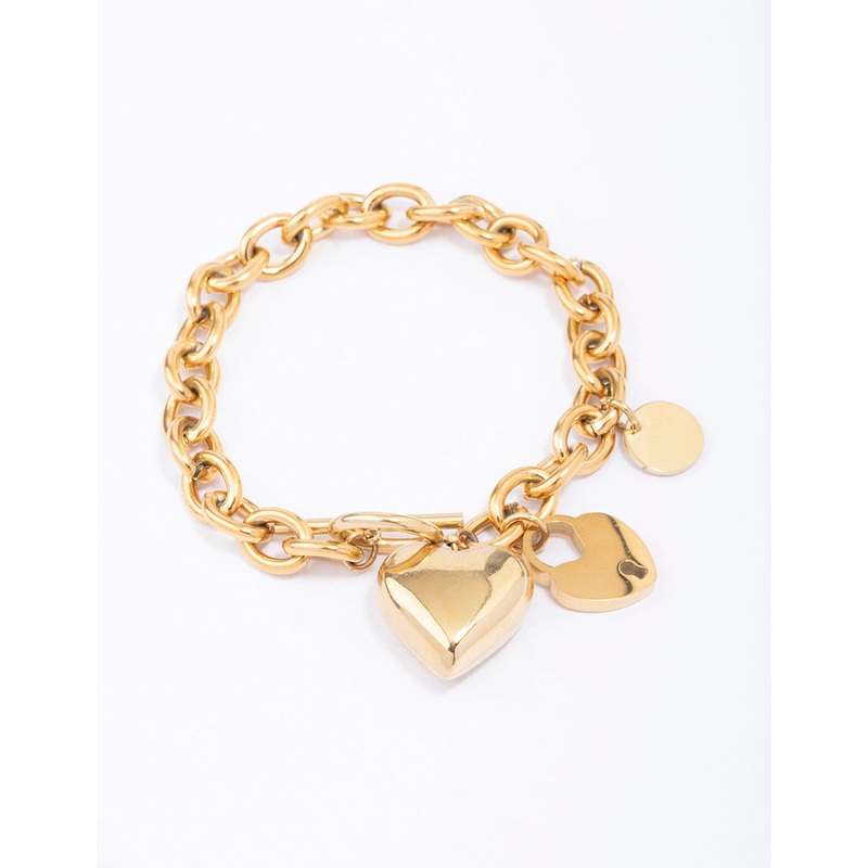 Waterproof Gold Plated Stainless Steel Puffy Heart Charm & Lock Bracelet