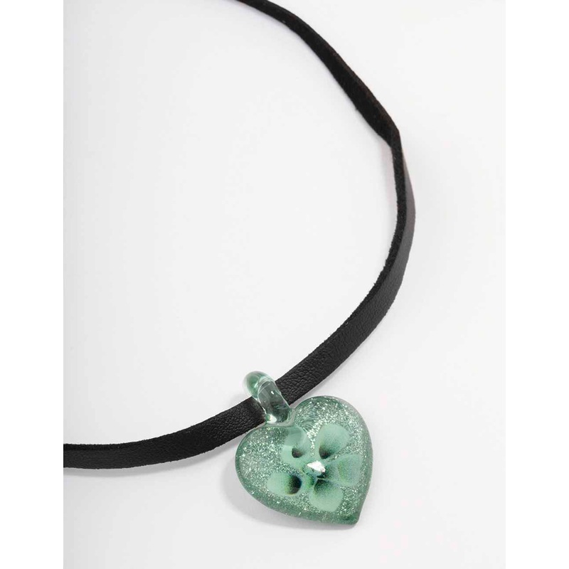 Black Fabric Green Flower Heart Choker