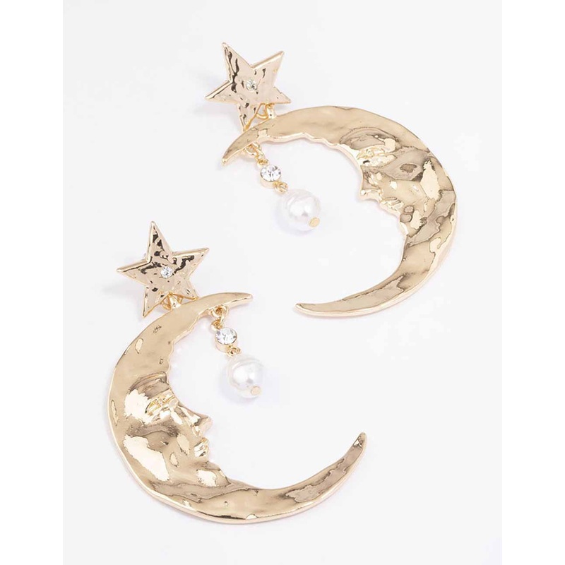 Gold Celestial Moon Drop Earrings