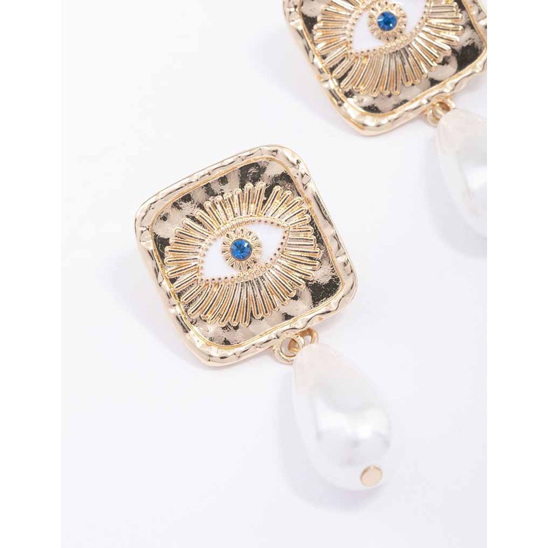 Gold Evil Eye Pearl Drop Earrings