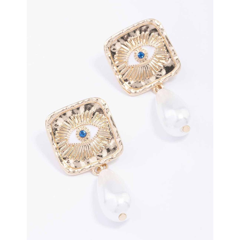Gold Evil Eye Pearl Drop Earrings