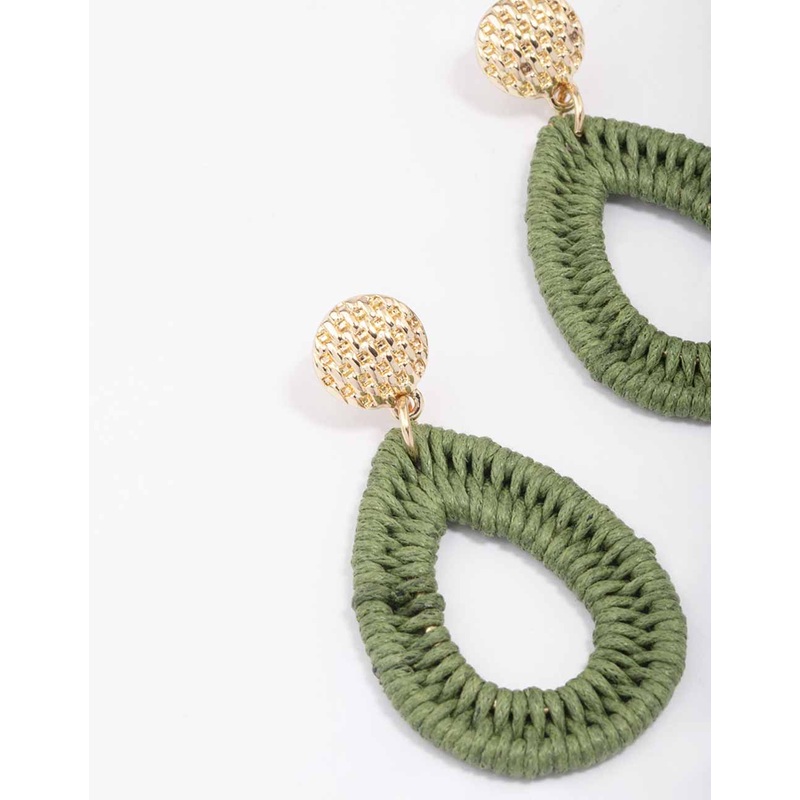 Gold & Green Oval Raffia Stud Drop Earrings