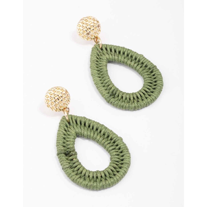 Gold & Green Oval Raffia Stud Drop Earrings