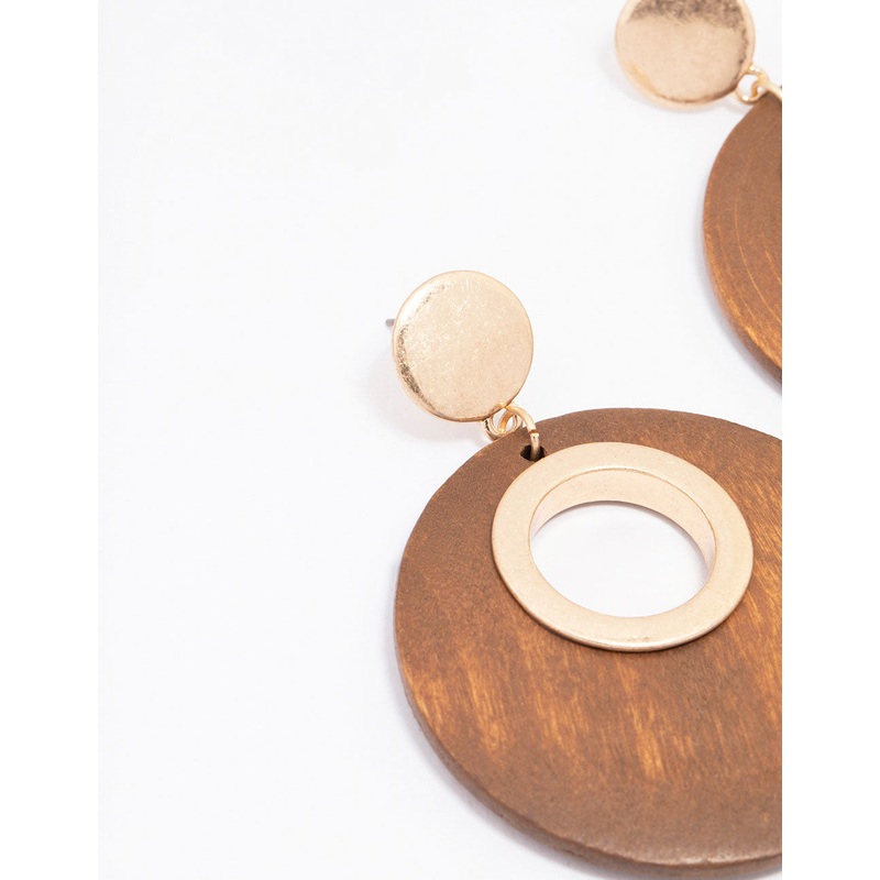 Gold Round Wooden Disc Drop Earrings