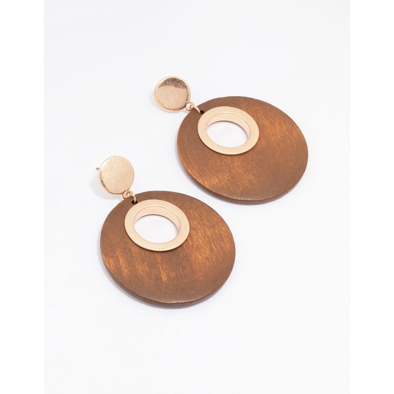 Gold Round Wooden Disc Drop Earrings