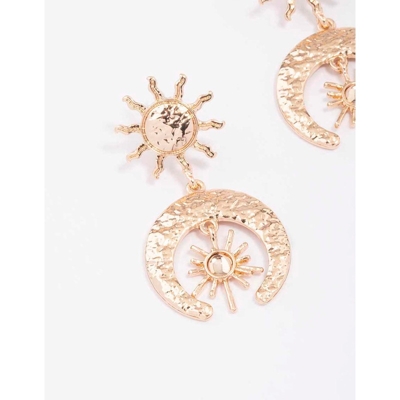 Gold Small Textured Celestial Drop Earrings