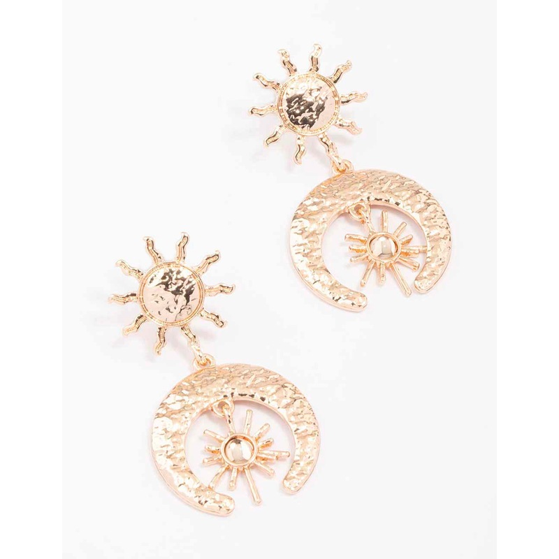 Gold Small Textured Celestial Drop Earrings