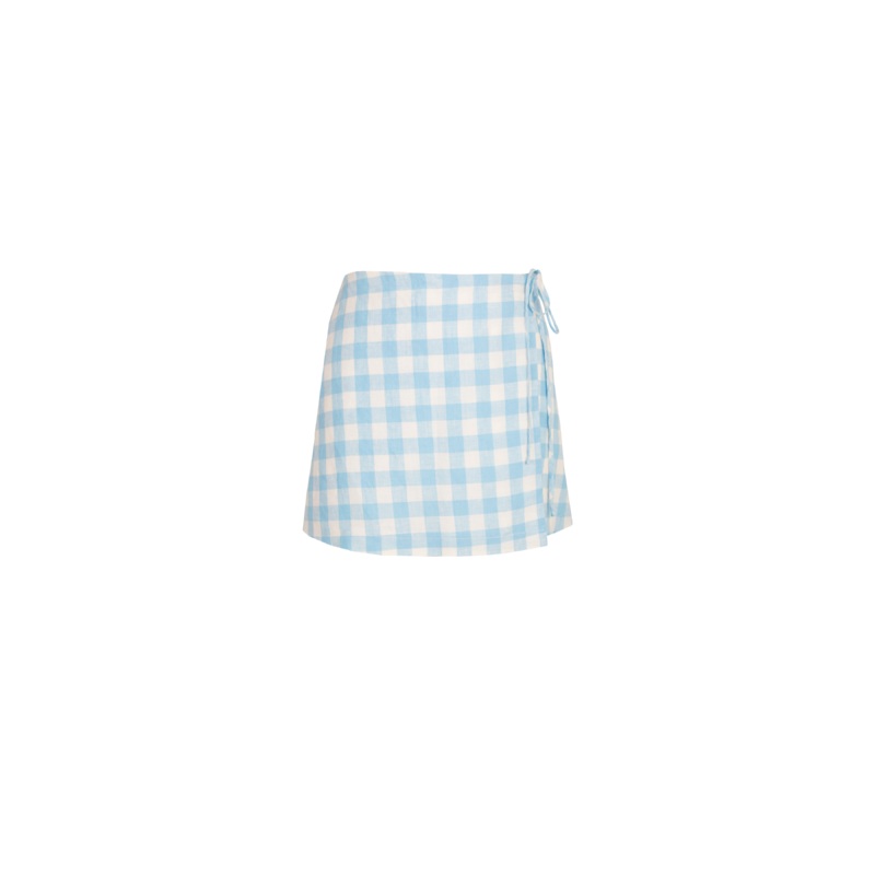VIDA LINEN MINI SKIRT BLUE LINEN GINGHAM