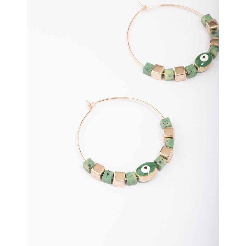 Gold & Green Beaded Evil Eye Hoop Earrings