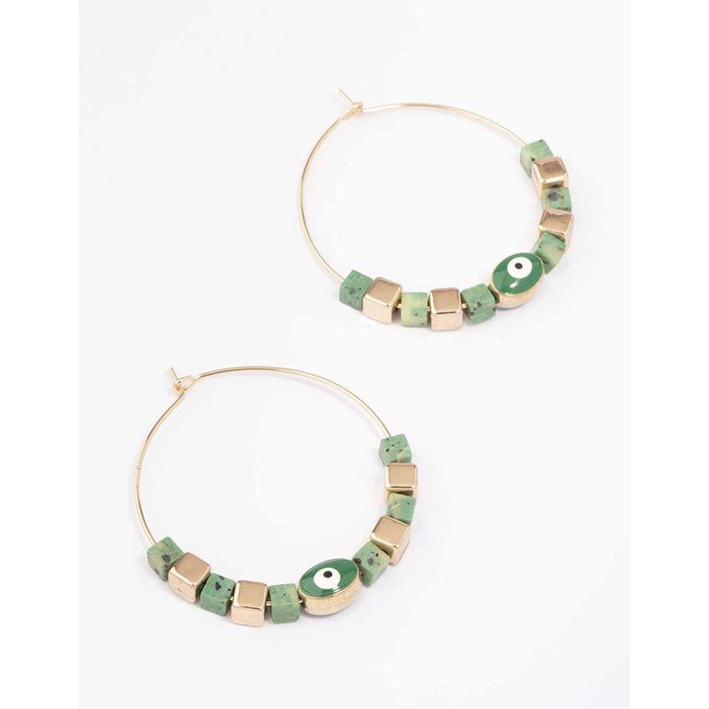 Gold & Green Beaded Evil Eye Hoop Earrings