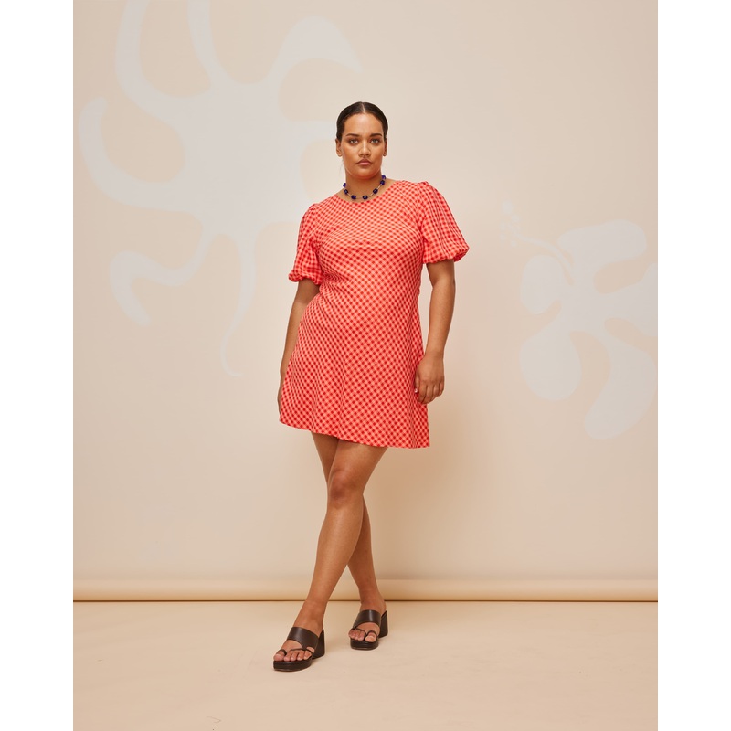 KENDALL GINGHAM MINI DRESS STRAWBERRY PEACH GINGHAM