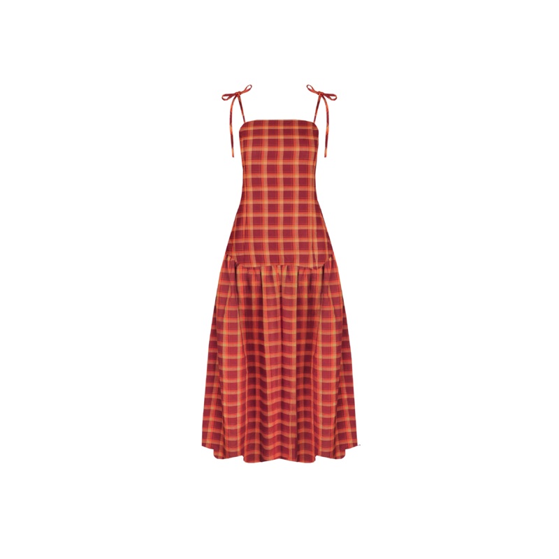 TRULLI MAXI DRESS BURGUNDY ORANGE TARTAN