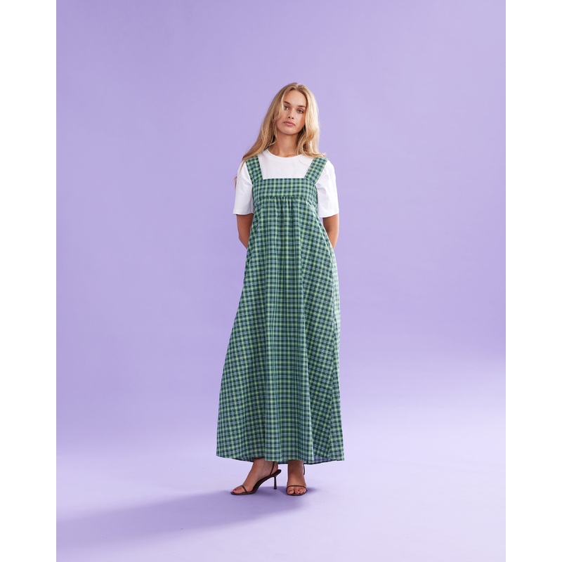 MARGIE TIE-BACK MAXI DRESS GREEN TARTAN