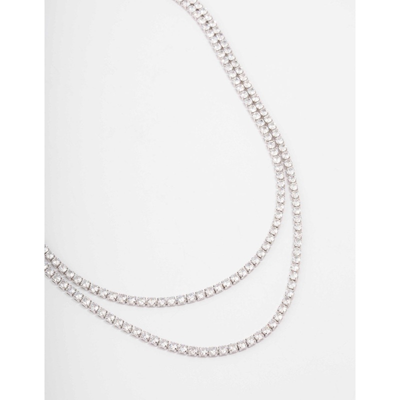 Silver Cubic Zirconia Round Cup Chain Layered Necklace