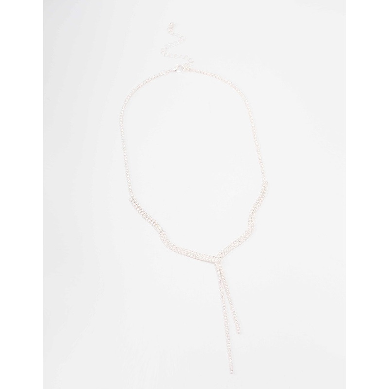 Silver Fine Ribbon Cubic Zirconia Lariat Necklace