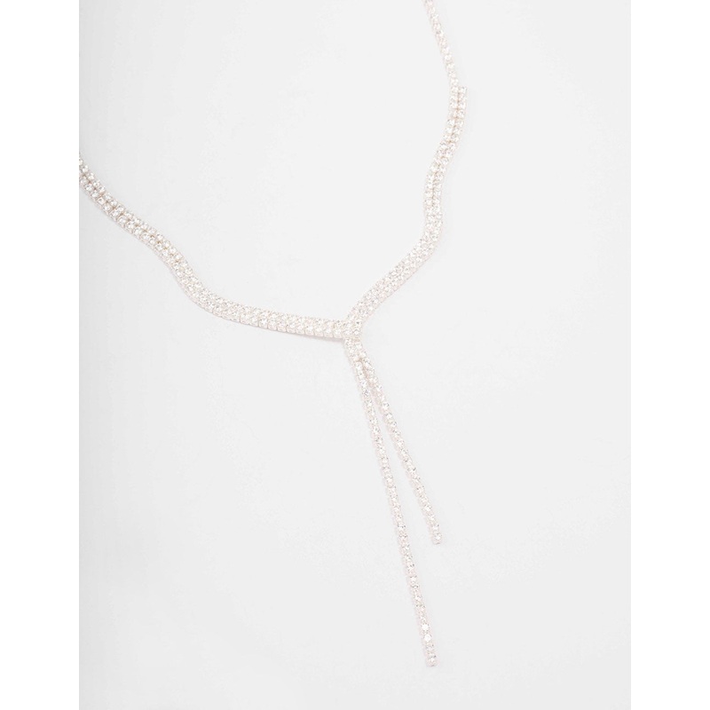 Silver Fine Ribbon Cubic Zirconia Lariat Necklace