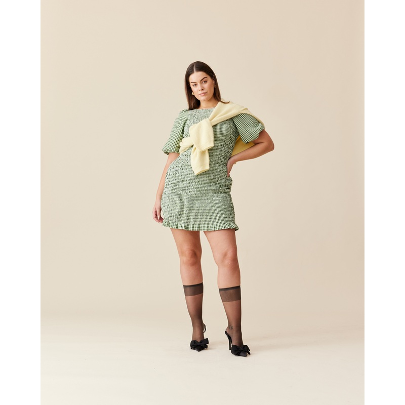 SKY SHIRRED DRESS FOREST GINGHAM