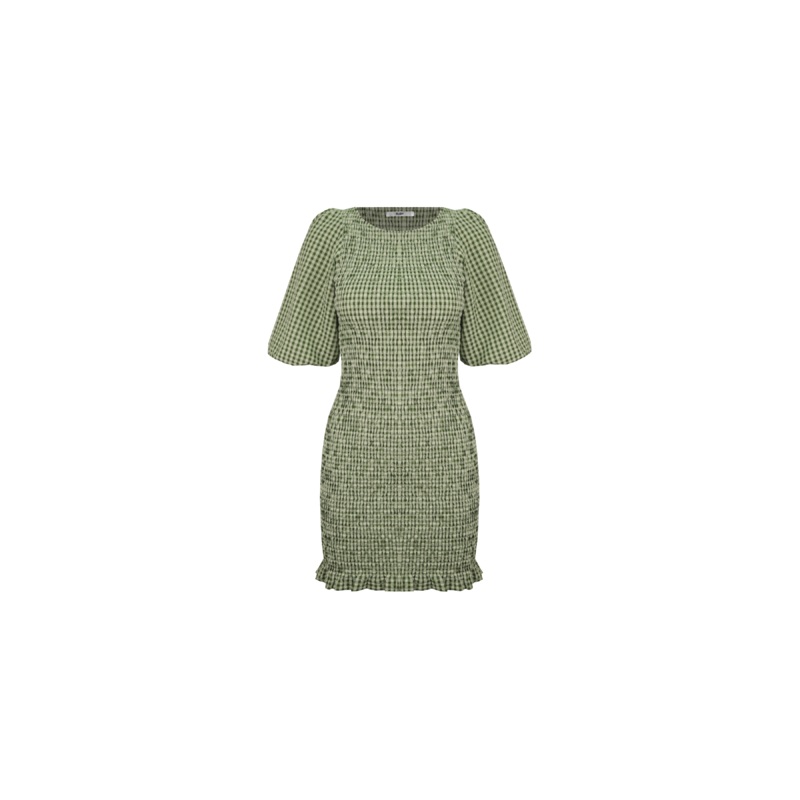 SKY SHIRRED DRESS FOREST GINGHAM