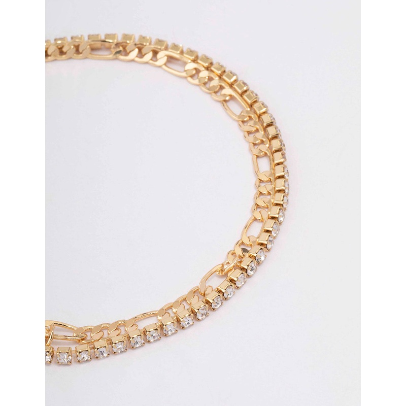 Gold Plated Brass Double Chain & Crystal Bracelet