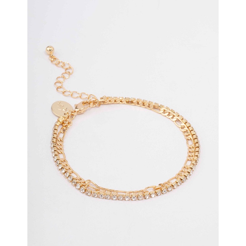 Gold Plated Brass Double Chain & Crystal Bracelet