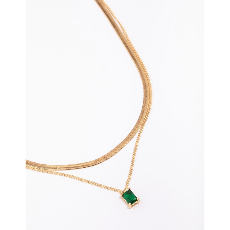 Gold Plated Baguette Snake Emerald Layered Necklace