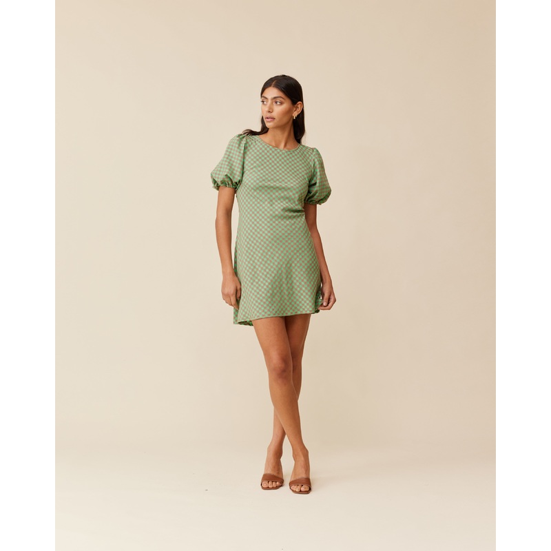 KENDALL GINGHAM MINI DRESS GREEN AND BROWN GINGHAM