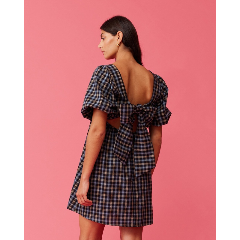 MARGIE PUFF SLEEVE MINI DRESS BLACK TARTAN