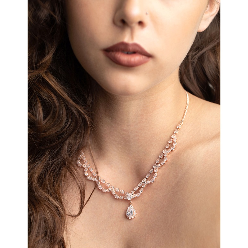 Rose Gold Cubic Zirconia Lace Teardrop Necklace