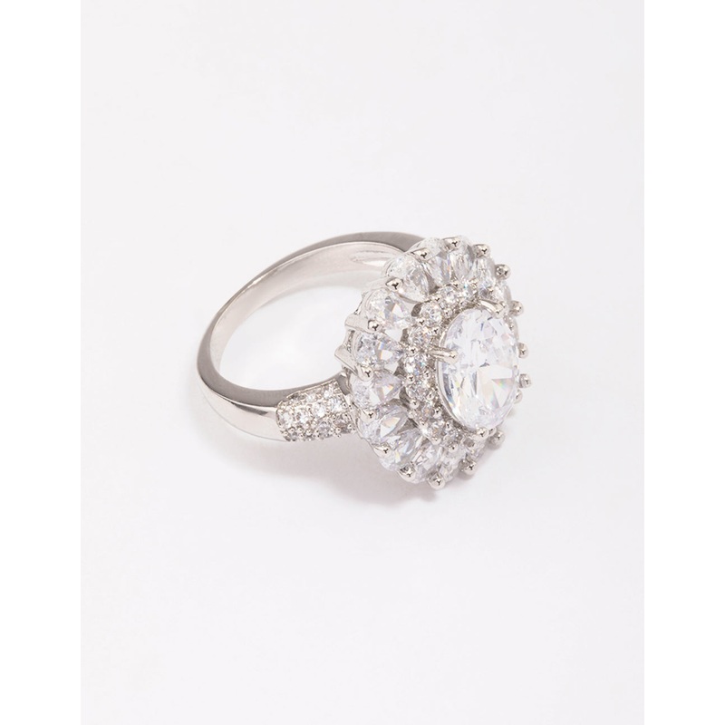 Silver Glistening Cubic Zirconia Oval Cocktail Ring