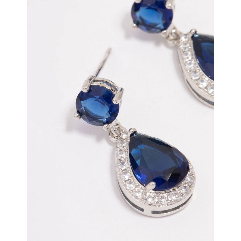 Silver Sapphire Stone Teardrop Drop Earrings