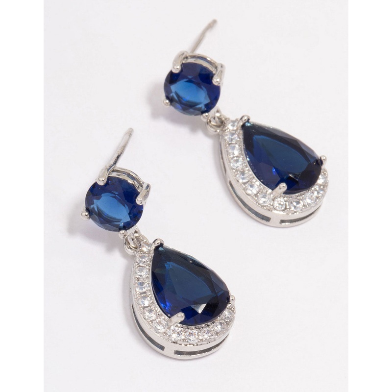 Silver Sapphire Stone Teardrop Drop Earrings