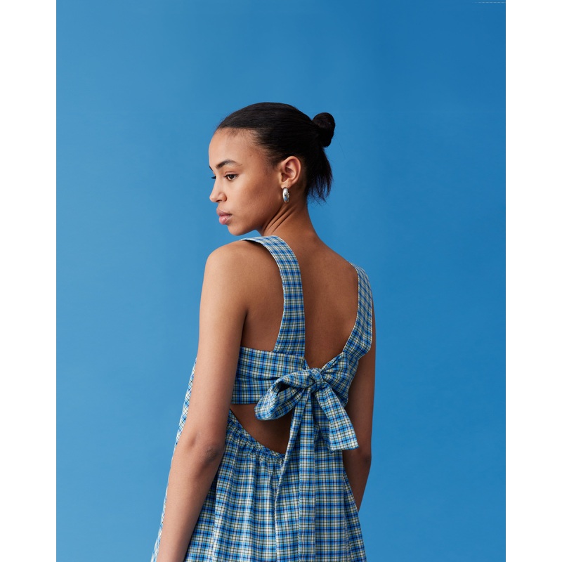 MARGIE TIE MINI DRESS BLUE YELLOW CHECK