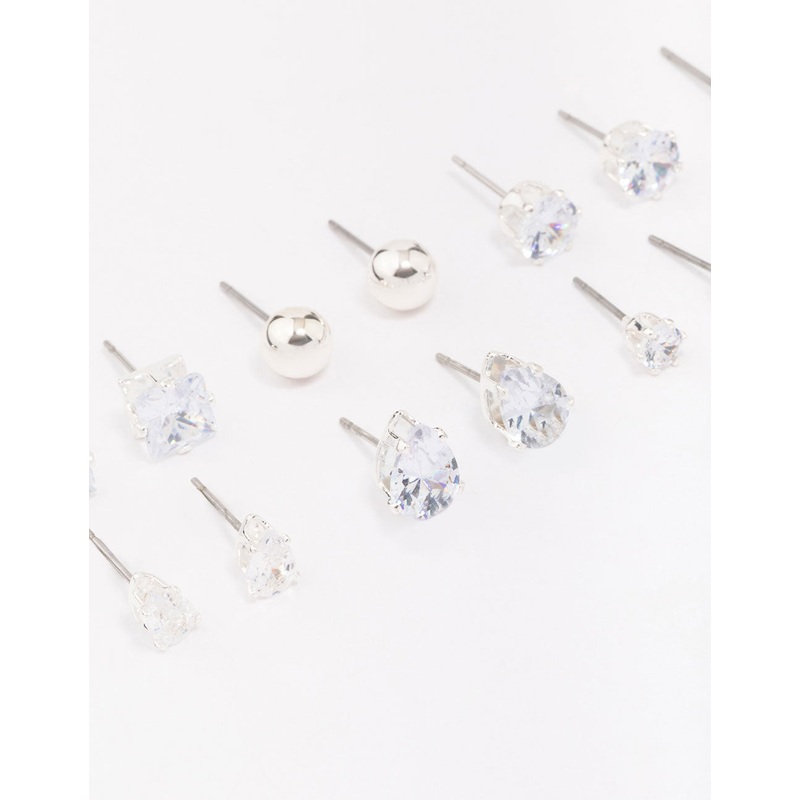 Silver Mixed Diamante Shape Earring 8-Pack