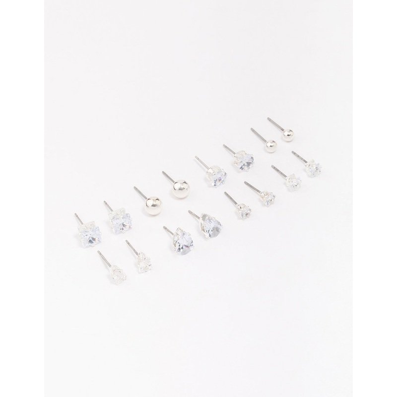 Silver Mixed Diamante Shape Earring 8-Pack