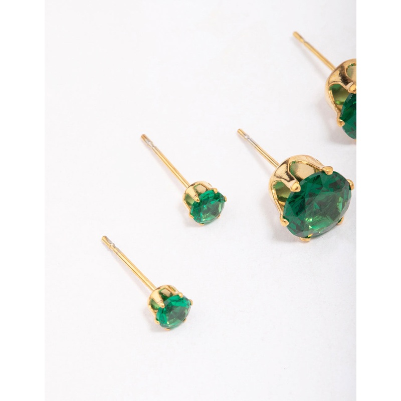 Waterproof Gold Plated Stainless Steel Graduating Emerald Cubic Zirconia Earring 3-Pack