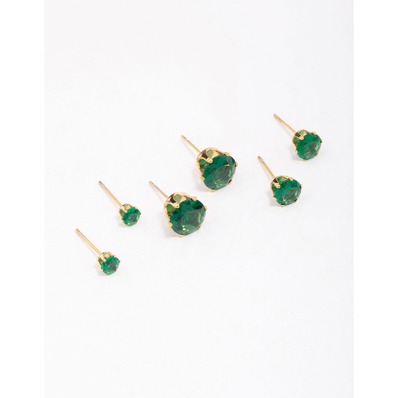 Waterproof Gold Plated Stainless Steel Graduating Emerald Cubic Zirconia Earring 3-Pack