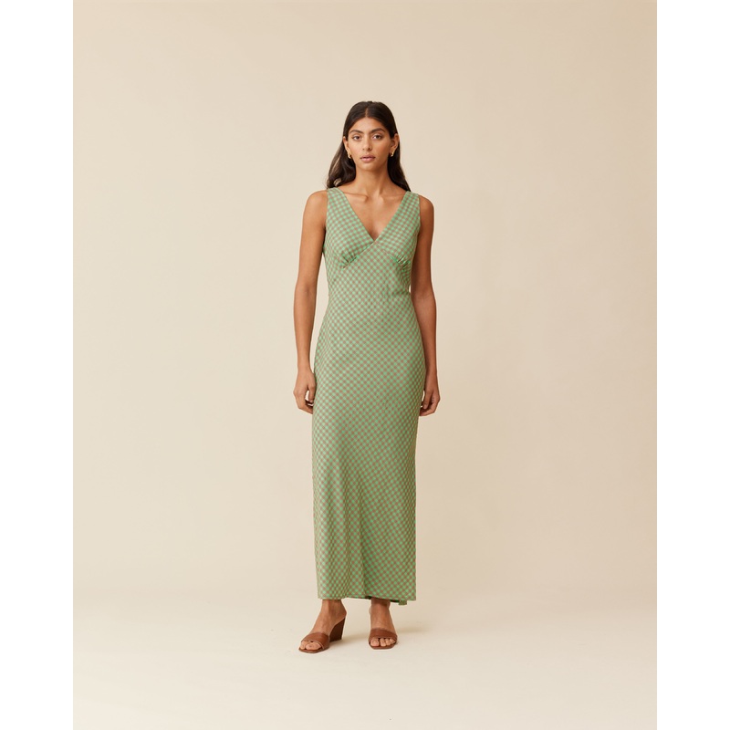 ESME GINGHAM SLIP DRESS GREEN AND BROWN GINGHAM