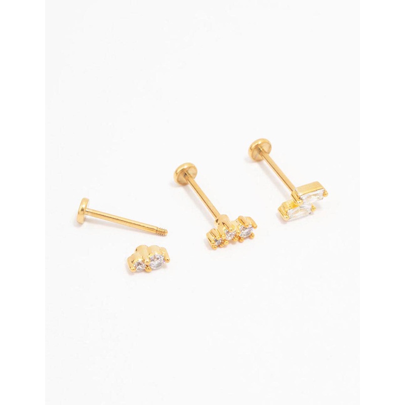 Gold Plated Surgical Steel Double Baguette Flat Back 3-Pack