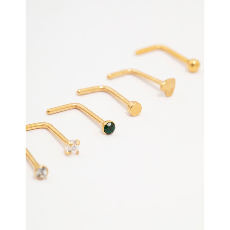Gold Plated Surgical Steel Heart Diamante Nose 6-Pack