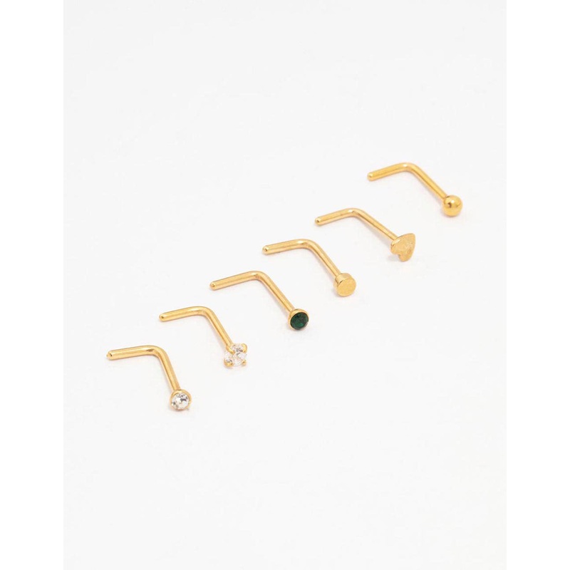 Gold Plated Surgical Steel Heart Diamante Nose 6-Pack