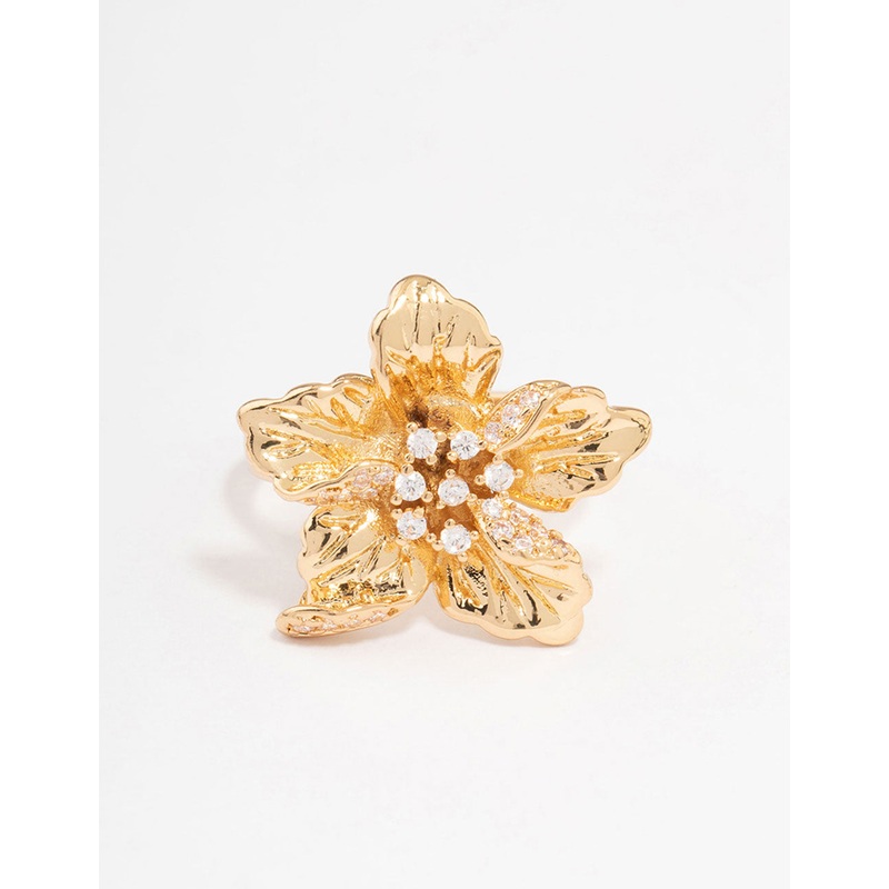 Gold Plated Cubic Zirconia Bling Flower Ring